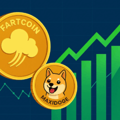 Gr&aacute;fico de alta das memecoins com destaque para Fartcoin e MaxiDoge, indicando valoriza&ccedil;&atilde;o e forte interesse do mercado cripto