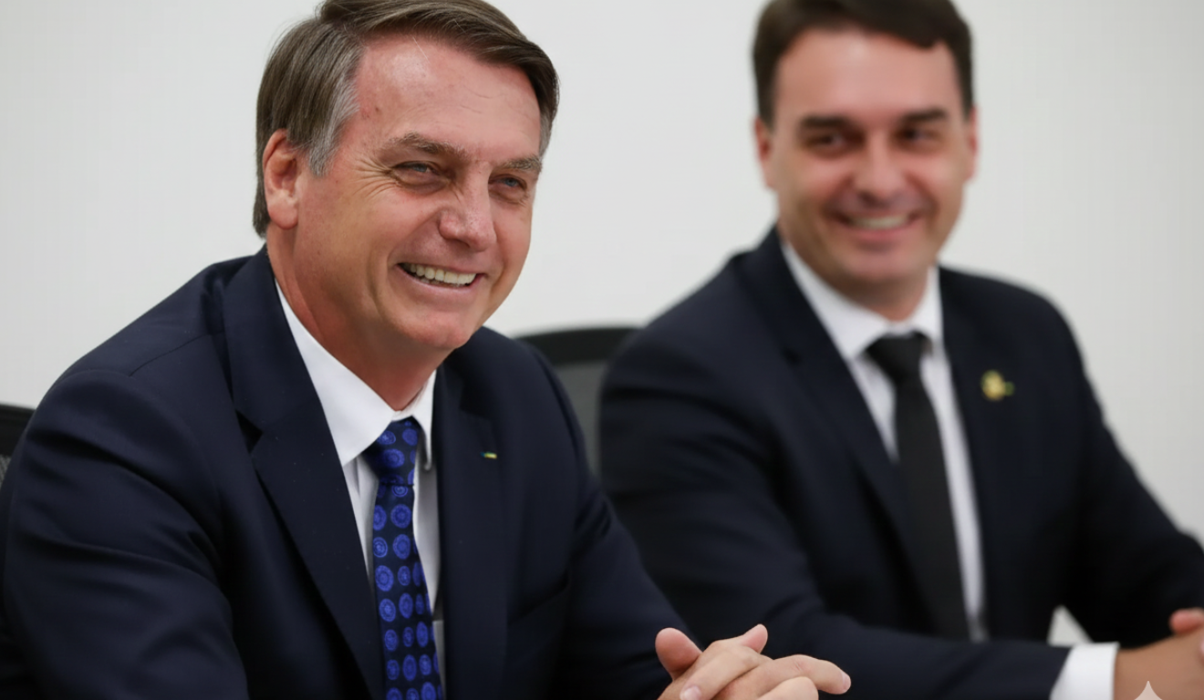 Jair Bolsonaro e Flávio Bolsonaro sorrindo em reunião, associados à reação negativa do mercado financeiro.