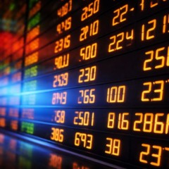 Painel digital de mercado financeiro com n&uacute;meros e cota&ccedil;&otilde;es em cores, representando oscila&ccedil;&otilde;es de ativos