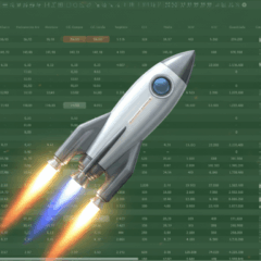 Foguete subindo sobre fundo de cotações, representando o Ibovespa em recorde de 161 mil pontos.