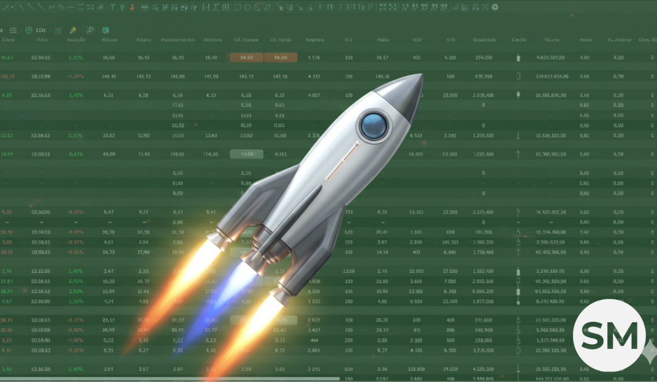Foguete subindo sobre fundo de cotações, representando o Ibovespa em recorde de 161 mil pontos.