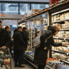 Consumidores em supermercado nos EUA em cen&aacute;rio de desacelera&ccedil;&atilde;o da infla&ccedil;&atilde;o ao consumidor.
