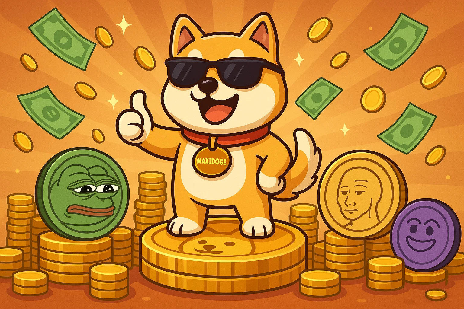 Imagem ilustrada do MaxiDoge cercado por moedas e dinheiro, representando a memecoin em alta e o sucesso da pré-venda