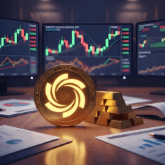 Moeda Ozak AI no centro de um escritório com telas de gráficos cripto, barras de ouro e documentos de análise financeira.