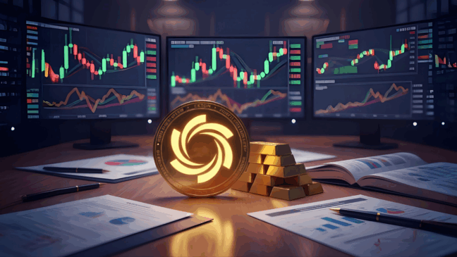 Moeda Ozak AI no centro de um escritório com telas de gráficos cripto, barras de ouro e documentos de análise financeira.