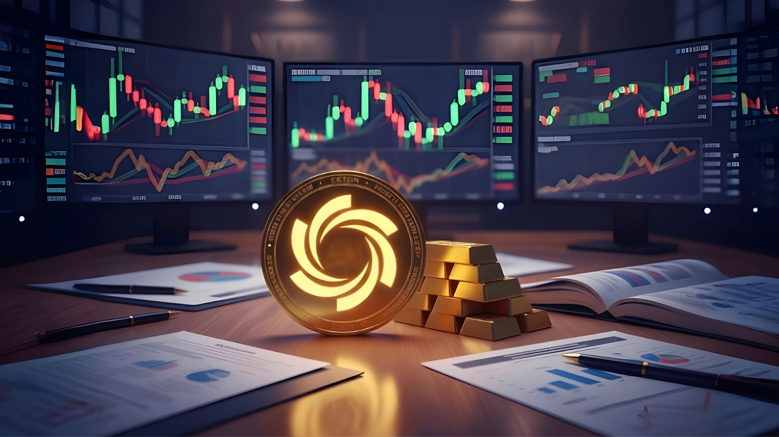 Moeda Ozak AI no centro de um escritório com telas de gráficos cripto, barras de ouro e documentos de análise financeira.