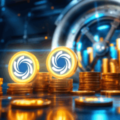 Moedas digitais brilhantes diante de cofre, simbolizando Ethereum e Ozak AI no mercado cripto.