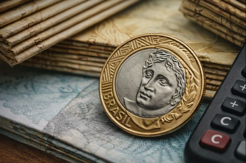 Moeda de um real sobre cédulas brasileiras ao lado de calculadora, simbolizando contas públicas e o Orçamento de 2026