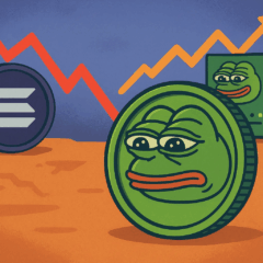 Imagem ilustrada com moeda Pepe valorizando e memecoin Solana em queda, simbolizando a ascensão do PepeNode no mercado