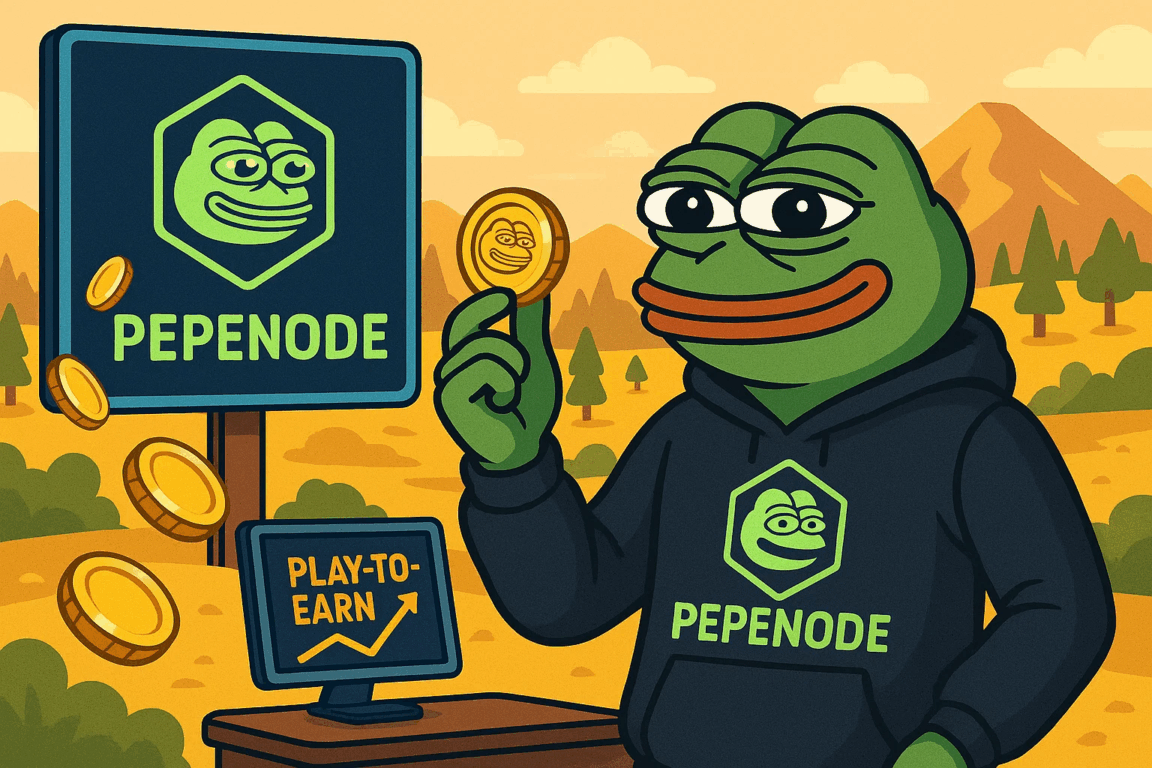 Ilustração do PepeNode mostrando o personagem Pepe segurando uma moeda, com referências a play-to-earn e mineração cripto Ilustração do PepeNode mostrando o personagem Pepe segurando uma moeda, com referências a play-to-earn e mineração cripto