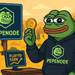Ilustração do PepeNode mostrando o personagem Pepe segurando uma moeda, com referências a play-to-earn e mineração cripto