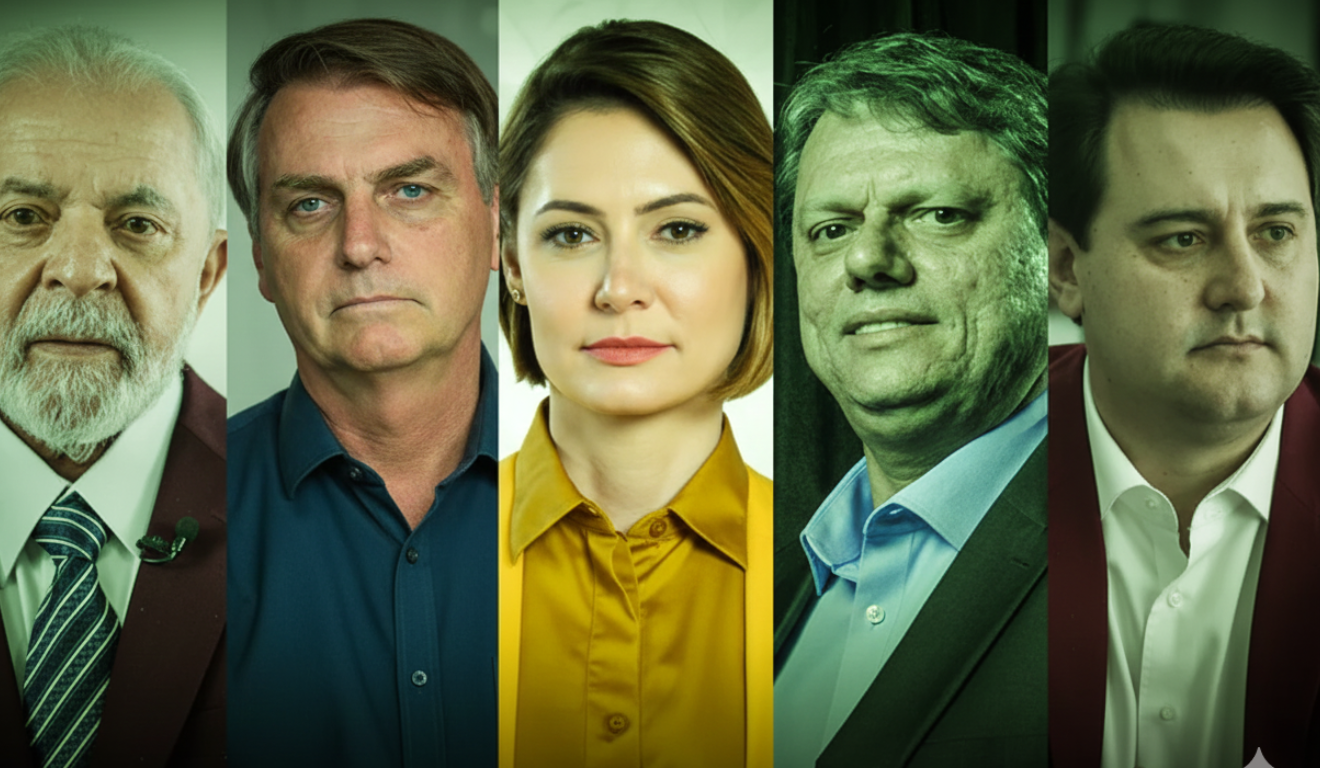 Montagem com cinco figuras políticas brasileiras destacadas em pesquisa AtlasIntel sobre cenários de 2º turno. Montagem com cinco figuras políticas brasileiras destacadas em pesquisa AtlasIntel sobre cenários de 2º turno.