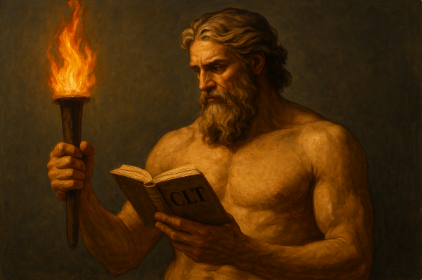 Ilustração de Prometeu segurando tocha enquanto lê um livro com a sigla CLT, simbolizando conhecimento trabalhista. Ilustração de Prometeu segurando tocha enquanto lê um livro com a sigla CLT, simbolizando conhecimento trabalhista.