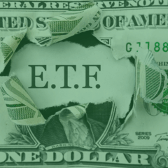 Ilustração de dólar com rasgo revelando ETF, representando a rotação global e o uso de ETFs no investimento internacional.