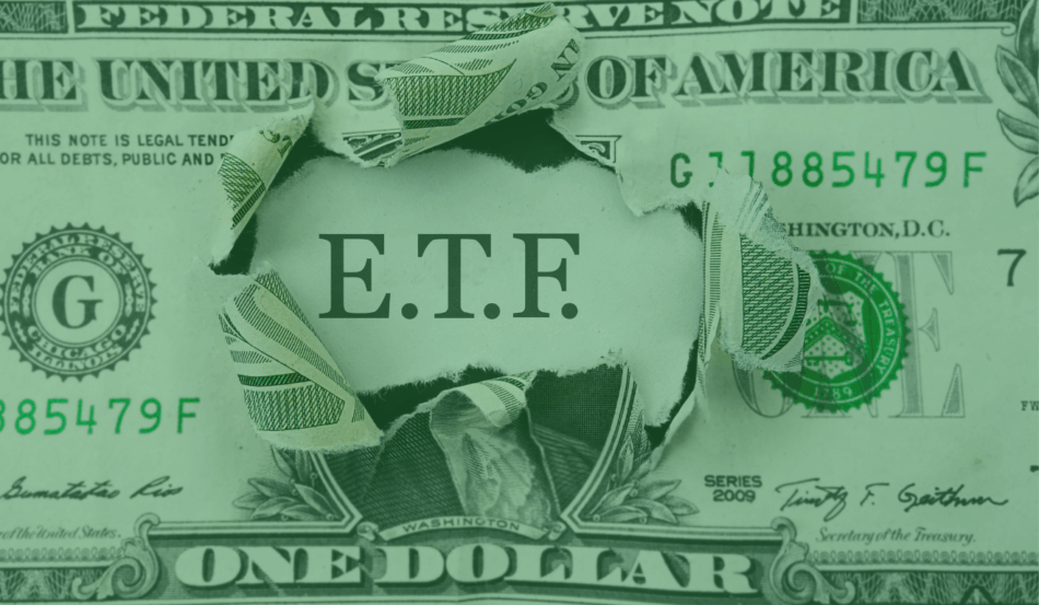 Ilustração de dólar com rasgo revelando ETF, representando a rotação global e o uso de ETFs no investimento internacional.