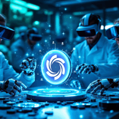 Equipe de pesquisadores usando tecnologia avançada e realidade virtual enquanto analisam um núcleo digital que representa o Ozak AI