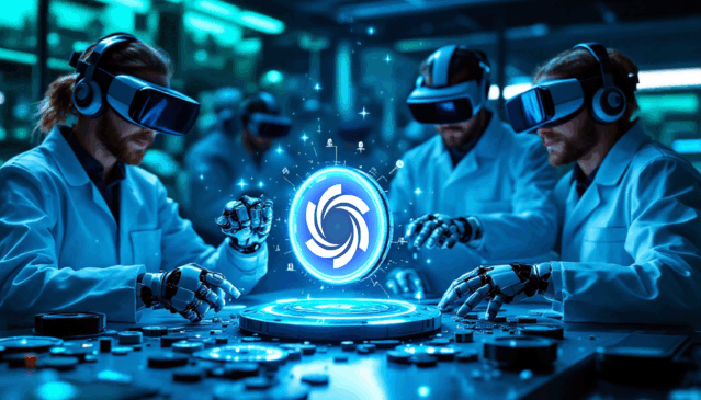 Equipe de pesquisadores usando tecnologia avançada e realidade virtual enquanto analisam um núcleo digital que representa o Ozak AI