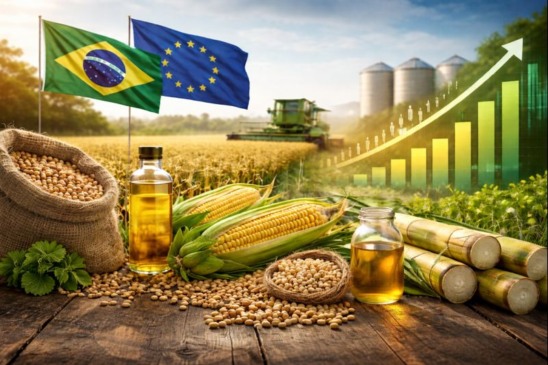 Imagem ilustrativa de produtos agrícolas brasileiros prontos para exportação, representando o impacto do acordo UE–Mercosul no agronegócio