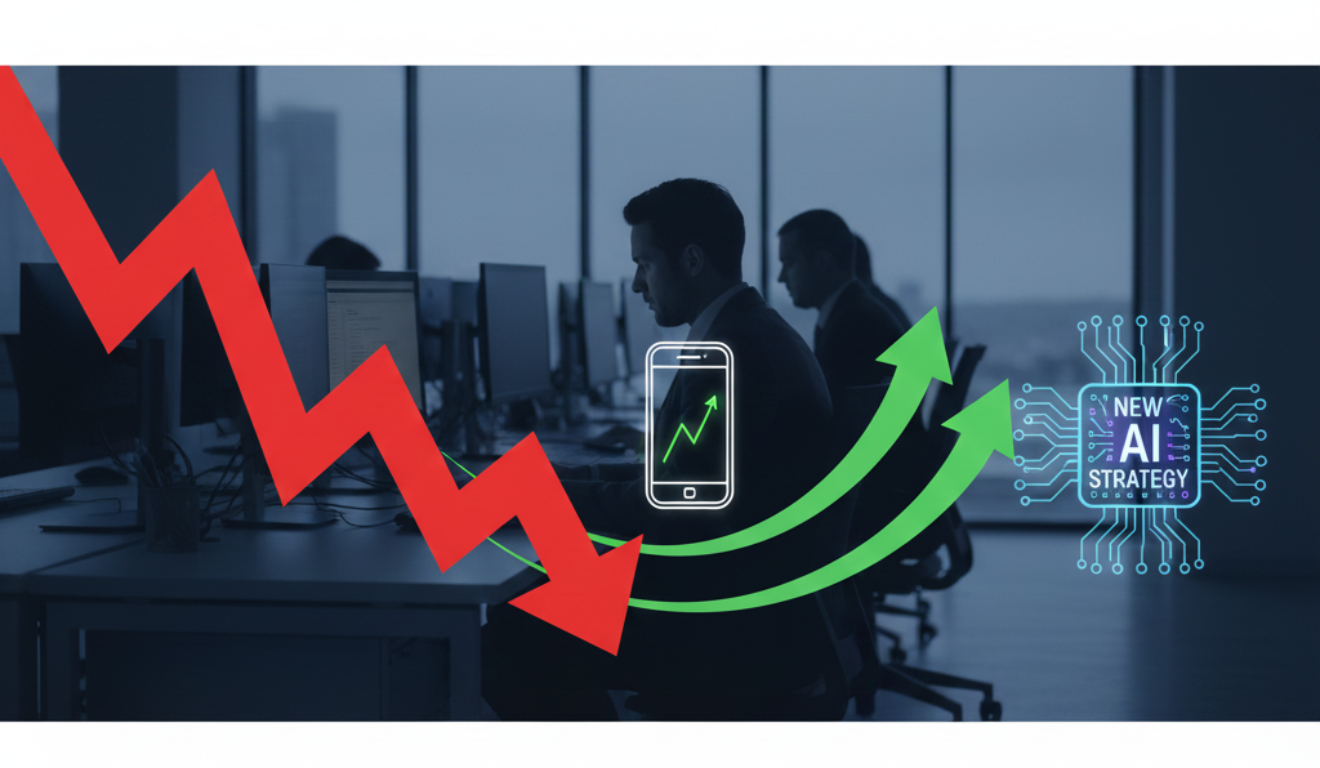 Imagem mostra profissionais em ambiente corporativo com gráficos de queda e alta, simbolizando a sequência de baixas das ações da Apple e as expectativas do mercado em 2026 Imagem mostra profissionais em ambiente corporativo com gráficos de queda e alta, simbolizando a sequência de baixas das ações da Apple e as expectativas do mercado em 2026