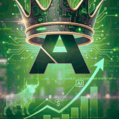 Ilustra&ccedil;&atilde;o digital com s&iacute;mbolo da Alphabet coroado, gr&aacute;ficos de alta e elementos de intelig&ecirc;ncia artificial, representando valoriza&ccedil;&atilde;o das a&ccedil;&otilde;es e lideran&ccedil;a em IA