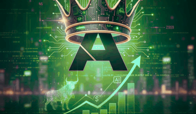 Ilustração digital com símbolo da Alphabet coroado, gráficos de alta e elementos de inteligência artificial, representando valorização das ações e liderança em IA