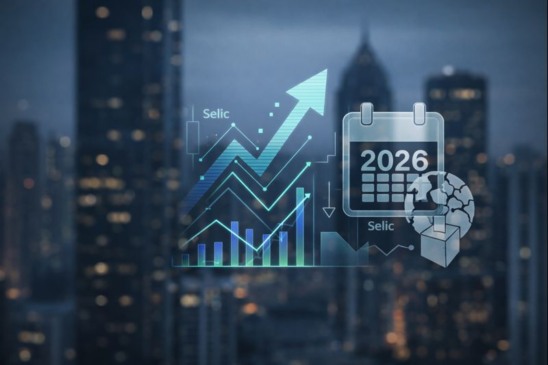 Ilustração com gráficos financeiros, referência à Selic e calendário de 2026, representando expectativas para bancos e economia brasileira