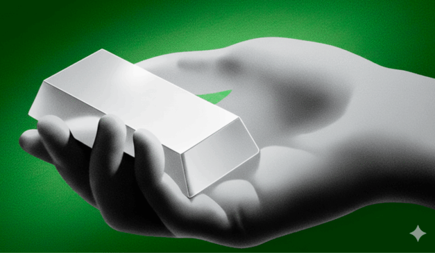 Barra de prata na mão simbolizando ativos escassos e reserva de valor