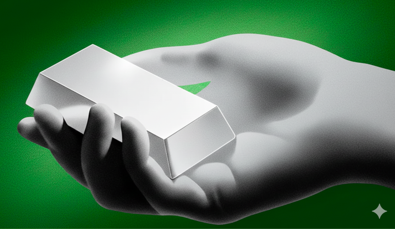 Barra de prata na mão simbolizando ativos escassos e reserva de valor Barra de prata na mão simbolizando ativos escassos e reserva de valor