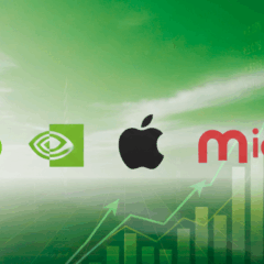 Logotipos de empresas de tecnologia com gr&aacute;fico de alta ao fundo, representando a valoriza&ccedil;&atilde;o de a&ccedil;&otilde;es de Big Tech ap&oacute;s revis&atilde;o de lucros