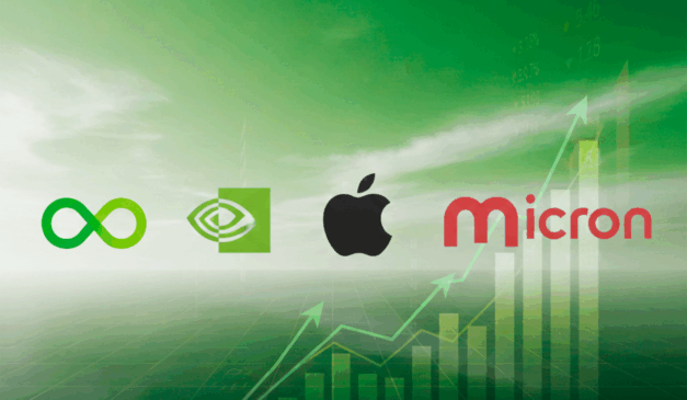 Logotipos de empresas de tecnologia com gráfico de alta ao fundo, representando a valorização de ações de Big Tech após revisão de lucros