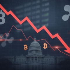 Ilustra&ccedil;&atilde;o mostra gr&aacute;fico de queda no mercado de criptomoedas, com s&iacute;mbolos digitais e cen&aacute;rio institucional ao fundo