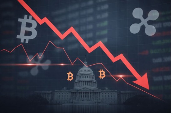 Ilustração mostra gráfico de queda no mercado de criptomoedas, com símbolos digitais e cenário institucional ao fundo