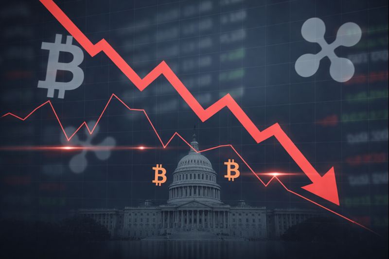 Ilustração mostra gráfico de queda no mercado de criptomoedas, com símbolos digitais e cenário institucional ao fundo
