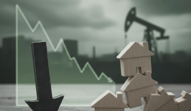 Queda das bolsas dos EUA com gráfico em baixa e casas simbolizando pressão no mercado imobiliário