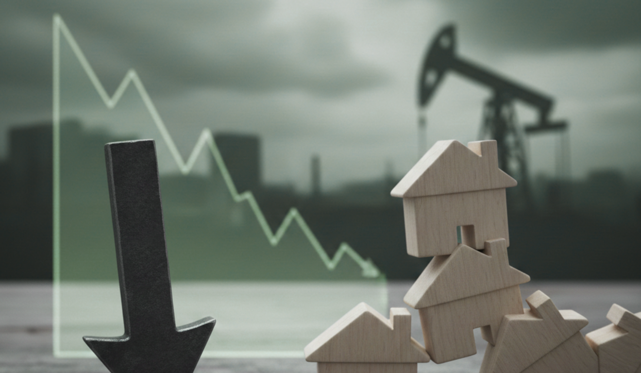 Queda das bolsas dos EUA com gráfico em baixa e casas simbolizando pressão no mercado imobiliário Queda das bolsas dos EUA com gráfico em baixa e casas simbolizando pressão no mercado imobiliário