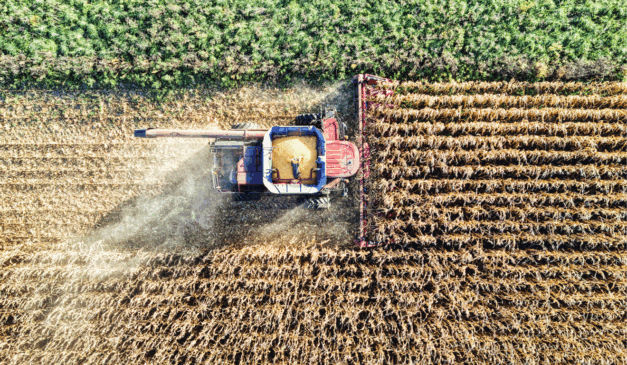 Colheitadeira em lavoura brasileira simboliza a força do agronegócio após o acordo UE–Mercosul.