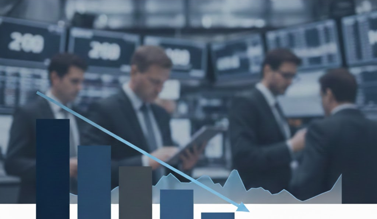 Traders em bolsa observam gráfico de queda, refletindo desaceleração do emprego nos Estados Unidos