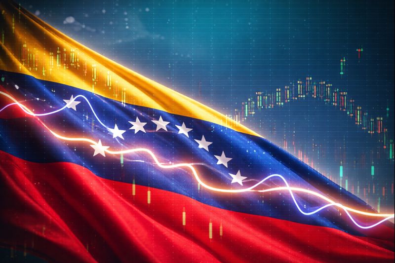 Ilustração com a bandeira da Venezuela sobreposta a gráficos financeiros, simbolizando ETF com exposição ao mercado venezuelano protocolado na SEC