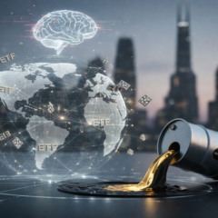 Ilustra&ccedil;&atilde;o conceitual mostra fluxos financeiros globais e ativos digitais representando a expans&atilde;o dos ETFs no mercado