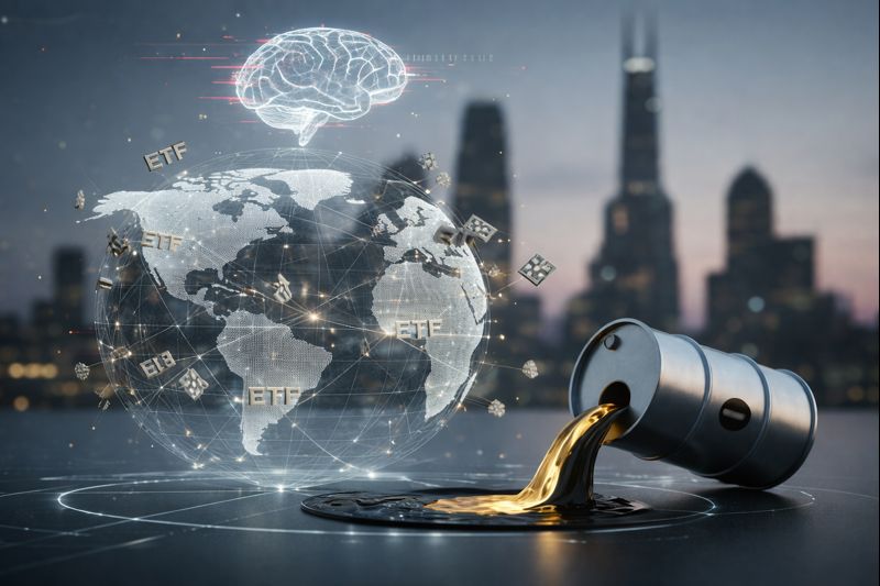 Ilustração conceitual mostra fluxos financeiros globais e ativos digitais representando a expansão dos ETFs no mercado