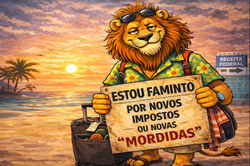 Ilustração em formato horizontal mostra um leão representando a carga tributária, associada à saída de empresas do Brasil