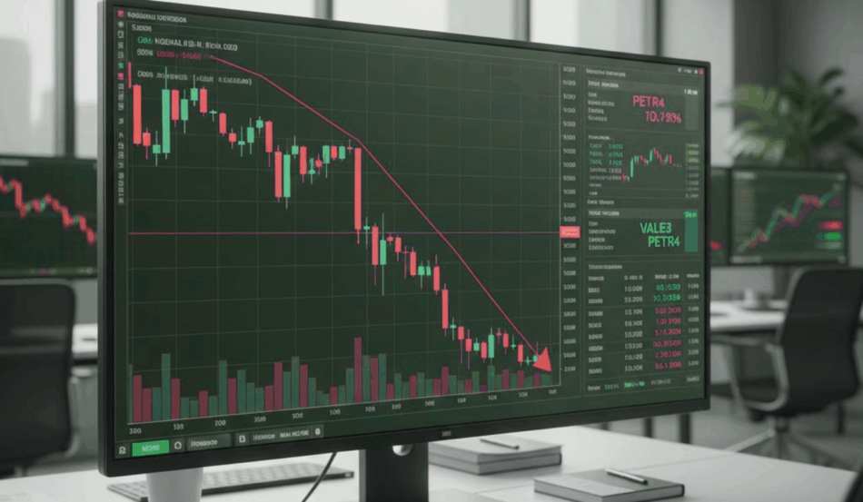 Gráfico do Ibovespa em queda durante pregão pressionado por bancos