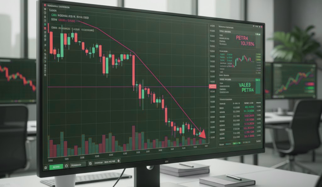 Gráfico do Ibovespa em queda durante pregão pressionado por bancos Gráfico do Ibovespa em queda durante pregão pressionado por bancos