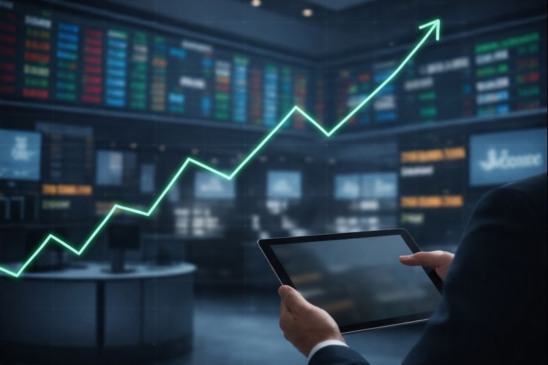 Gráfico de alta em tela de negociação financeira, com investidor monitorando o desempenho do mercado acionário