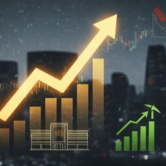 Ilustra&ccedil;&atilde;o financeira mostra gr&aacute;ficos de alta no mercado acion&aacute;rio, simbolizando a valoriza&ccedil;&atilde;o do Ibovespa e das a&ccedil;&otilde;es da Vale em cen&aacute;rio urbano ao fundo