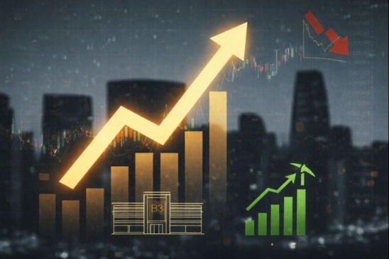 Ilustração financeira mostra gráficos de alta no mercado acionário, simbolizando a valorização do Ibovespa e das ações da Vale em cenário urbano ao fundo