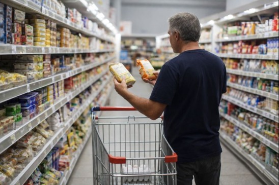Homem de costas em supermercado analisa preços de produtos enquanto segura itens ao lado de carrinho de compras quase vazio