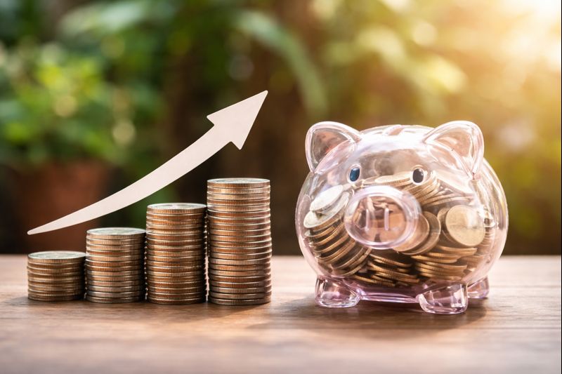 Cofrinho transparente com moedas empilhadas ao lado, representando crescimento e captação na indústria de fundos de investimento