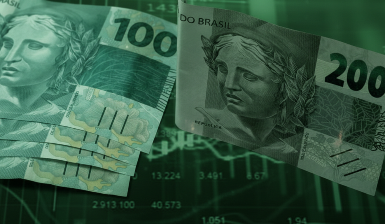 Cédulas de real com gráfico financeiro ilustrando volatilidade dos investimentos em 2026 Cédulas de real com gráfico financeiro ilustrando volatilidade dos investimentos em 2026