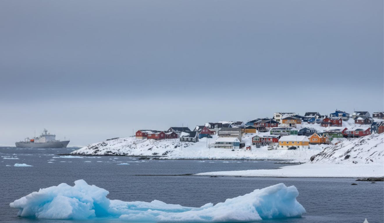 Costa da Groenlândia com icebergs e vilarejo ao fundo em área estratégica do Ártico Costa da Groenlândia com icebergs e vilarejo ao fundo em área estratégica do Ártico